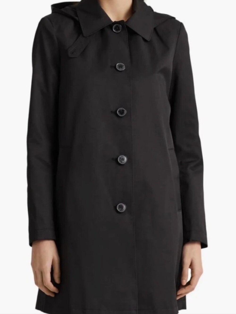 Ralph Lauren Black Hooded Softshell Button-Front A Line Rain Coat Size L. EUC